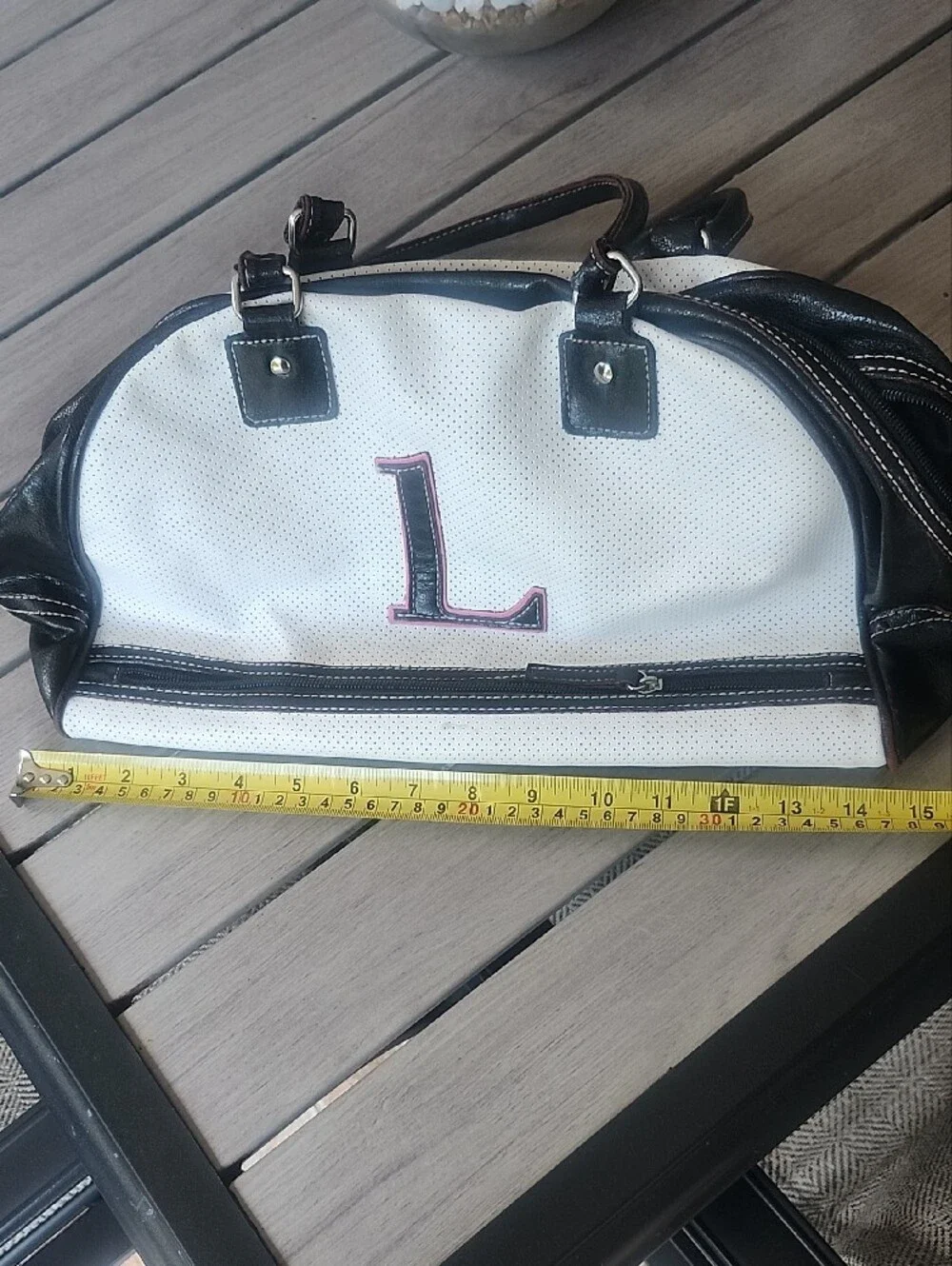 Y2k White Perforated Tote with Black Trim and Pink Monogram